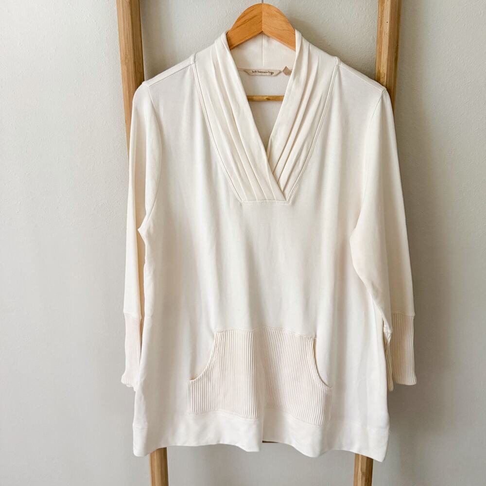 Soft Surroundings Tunic Top L Ivory White Pleated V Neck Long Sleeve Pocket